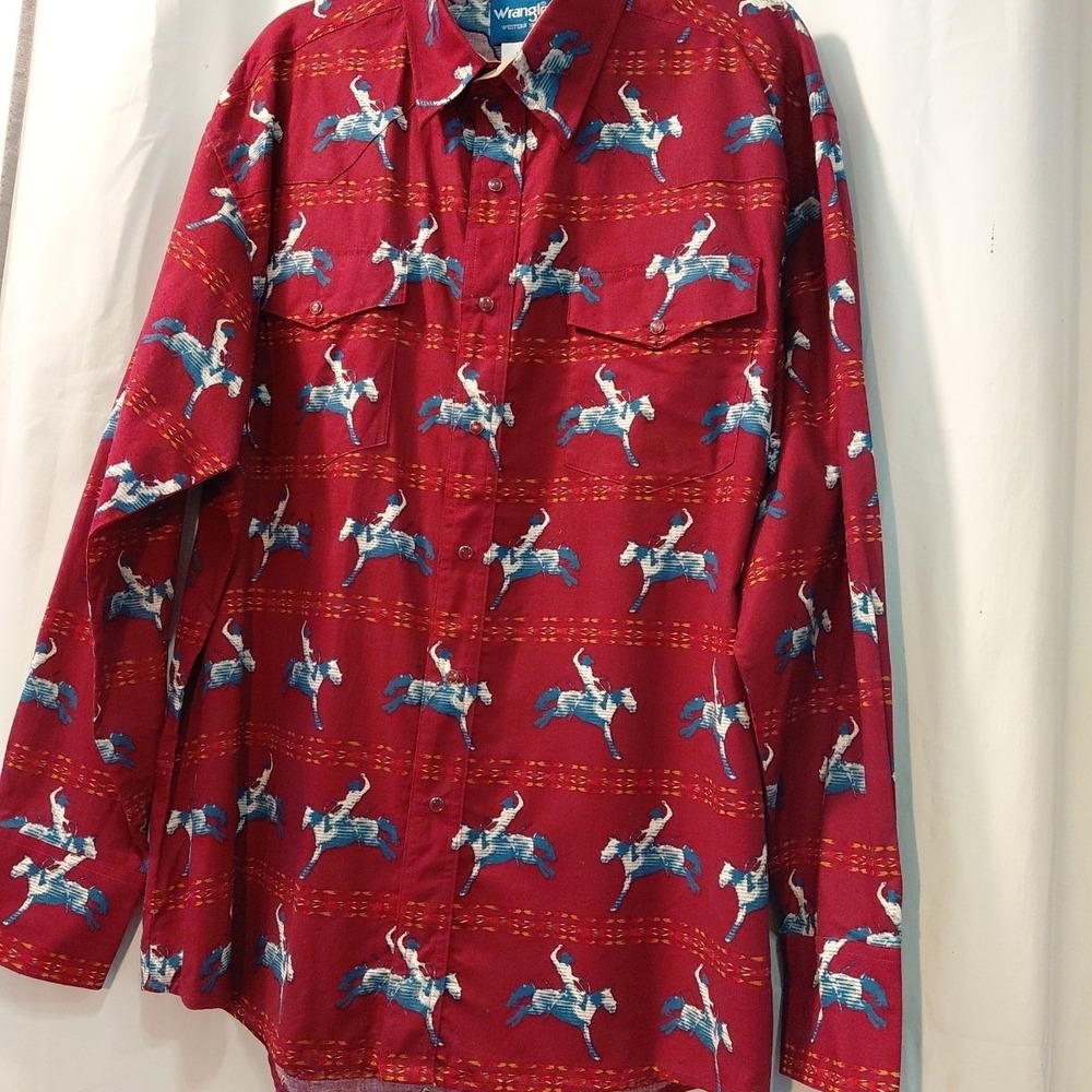 Vintage Wrangler Western Shirt - Bucking Bronco‎ snap Cowboy Pattern - XL/TG